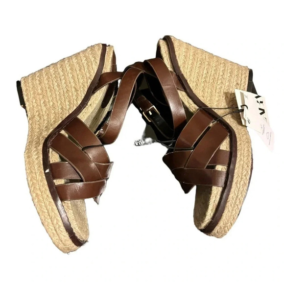 NWT Zara Dark Chocolate Brown Leather Strapy Straw Espidrille Platform Wedges 39 - Picture 6 of 8